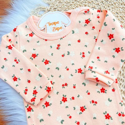  CONJ. DE MALHA 3 PEÇAS - Flores Bordadas e Gola Gripyr - Off White e Salmão
